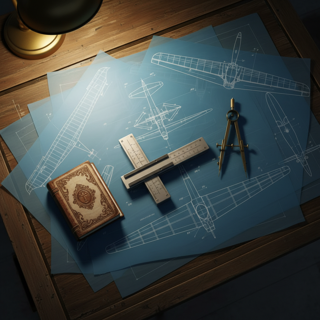 A well-used drafting table covered with translucent blue aircraft design blueprints stretches diagonally across the frame, layered with precise line drawings of wings, fuselages, and propeller assemblies. A finely machined metal slide rule, a polished brass compass, and a small, open leather-bound devotional book with gilded page edges rest on top. Warm desk lamp light spills from the upper left, creating glowing pools of illumination and soft shadows that reveal the paper’s texture and the metallic sheen of the tools. Photographic realism, shot from an overhead, bird’s-eye perspective for a clean, organized composition. The atmosphere is focused and quietly devotional, suggesting late-night work by aviation inventors driven by both intellect and faith.