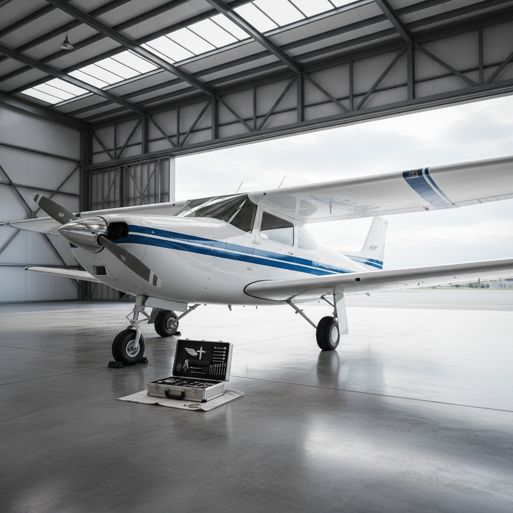 Inside a quiet, modern hangar, a restored classic single-engine airplane with a gleaming white fuselage and deep blue accent striping sits centered on a polished concrete floor. Its propeller is still, and beside the nose wheel rests a small, open metal toolbox with neatly arranged precision instruments and a subtle engraved symbol of wings and a cross. Soft overcast daylight enters through the large open hangar door, creating broad, gentle highlights along the aircraft’s curves and reflective floor. Captured in photographic realism from a low three-quarter angle, the image emphasizes the aircraft’s presence and engineering detail. The mood is calm, professional, and respectfully spiritual, suggesting purposeful preparation before flight.