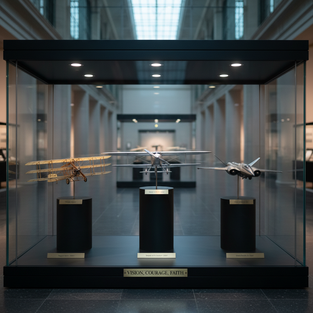 A modern glass display case in a museum setting showcases three historically significant aircraft models: an early Wright-style flyer with delicate wooden struts, a sleek silver monoplane, and a futuristic composite jet, each labeled with precise metal nameplates. At the base of the case, a small engraved plaque reads “Vision, Courage, Faith.” Cool, controlled gallery lighting spotlights each model from above, casting crisp, defined shadows on the matte black pedestal below. Captured at eye level in photographic realism, with sharp focus and a slightly wide frame, the composition emphasizes progression through time. The mood is dignified, educational, and inspiring, aligning with a professional blog honoring aviation inventors and their guiding principles.