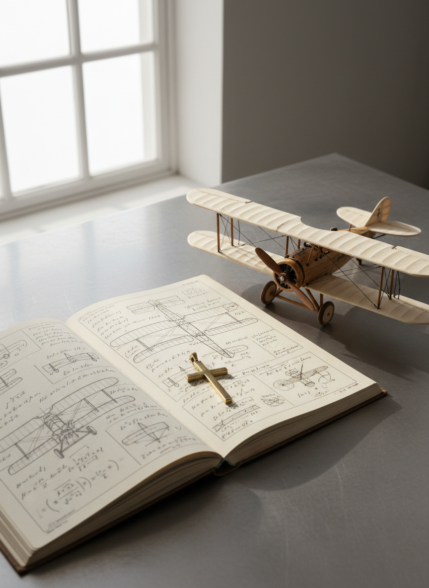 An open, vintage engineering notebook filled with precise hand-drawn aircraft schematics and equations lies on a brushed steel table, next to a meticulously crafted wooden biplane model with fabric-covered wings and tiny rigging wires. A small brass cross pendant rests at the notebook’s center, catching the light. Soft, diffused daylight filters in from a high hangar window, creating calm, even illumination and subtle reflections in the metal surface. Shot from a slightly elevated angle in photographic realism, the composition uses rule of thirds to balance the notebook, model, and cross. The atmosphere feels scholarly and reverent, symbolizing the intersection of aviation innovation and enduring faith-based purpose.