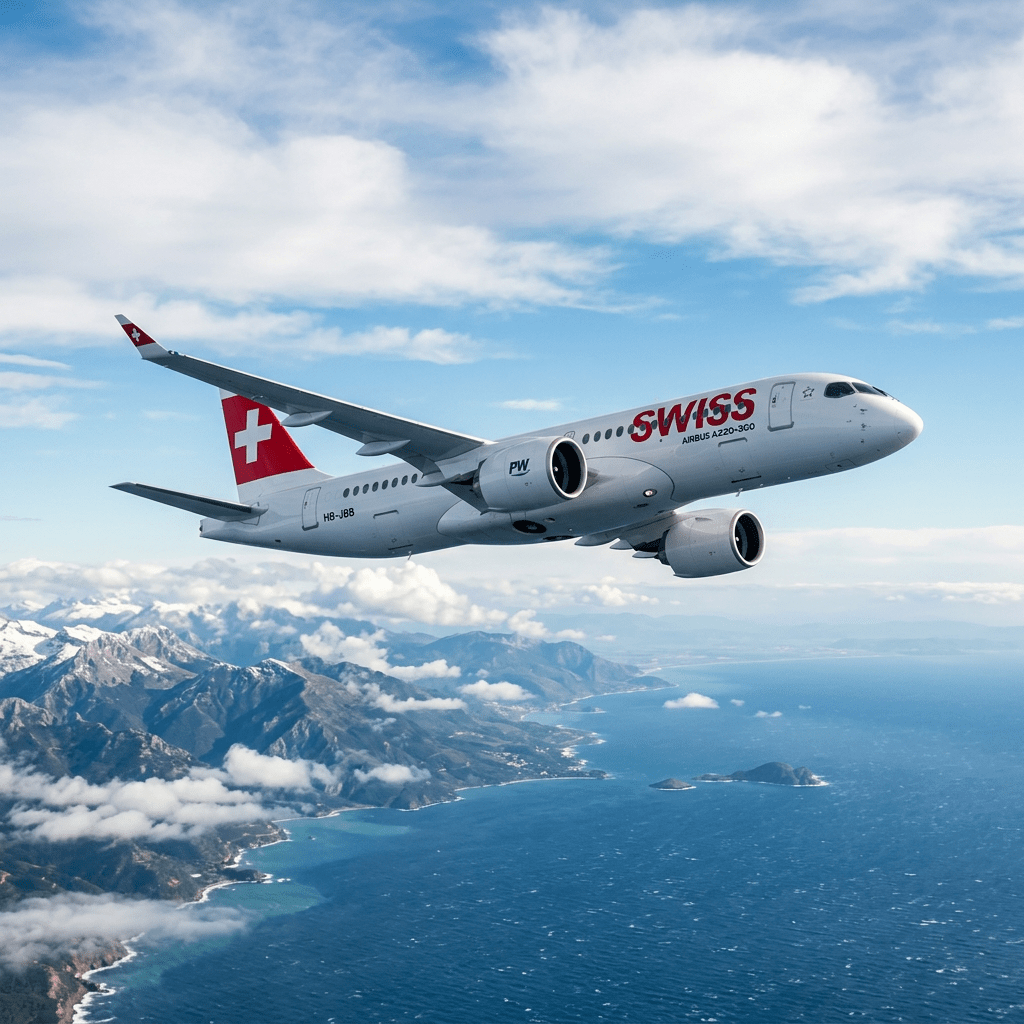 Swiss Airbus A220-300 airplane flying above coastline and mountains